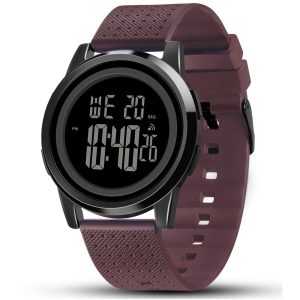 YUINK Mens Watch Ultra-Thin Digital Sports Watch Waterproof Stainless Steel Fashion Wrist Watch for Men Women（Burgundy belt on Black background）
