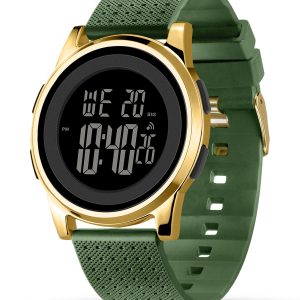 YUINK Mens Watch Ultra-Thin Digital Sports Watch Waterproof Stainless Steel Fashion Wrist Watch for Men Women（Gold green belt on Black background）