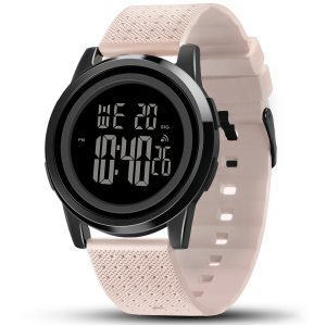 YUINK Mens Watch Ultra-Thin Digital Sports Watch Waterproof Stainless Steel Fashion Wrist Watch for Men Women（Pink belt on Black background）