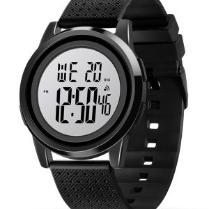 YUINK Mens Digital Watch Ultra-Thin Sports Waterproof Simple Watch Stainless Steel Wrist Watch for Men Women（Black belt on white background）